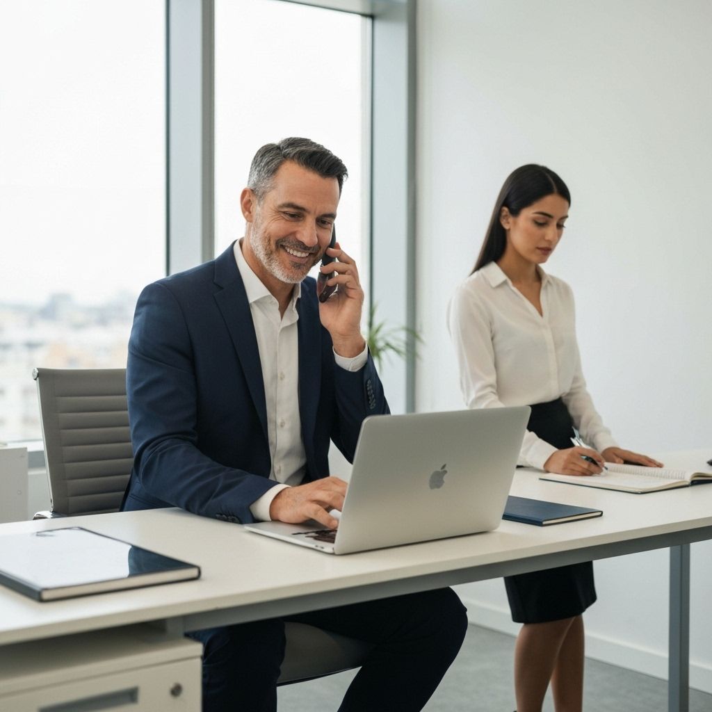 Gelukkige ondernemer aan het bellen met laptop | Professionele personal assistant ondersteuning op afstand | Taskbird VA diensten voor Nederlandse en Belgische ondernemers